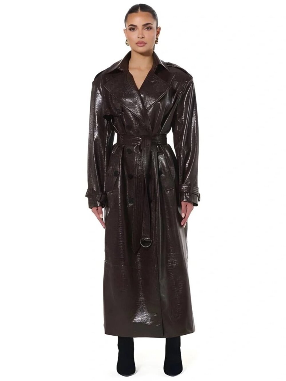 NWT naked wardrobe Chocolate Crocodile Vegan Leather Trench Coat with Tag Size S